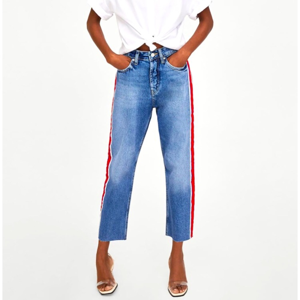 Zara ripped hem mom jeans with red side stripe